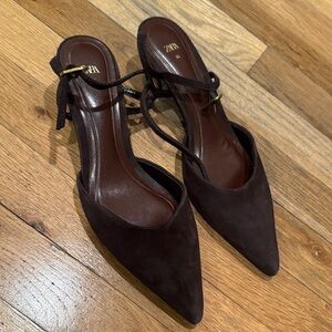 Zara Women's Dark Brown Slingback kitten Heels sz 35